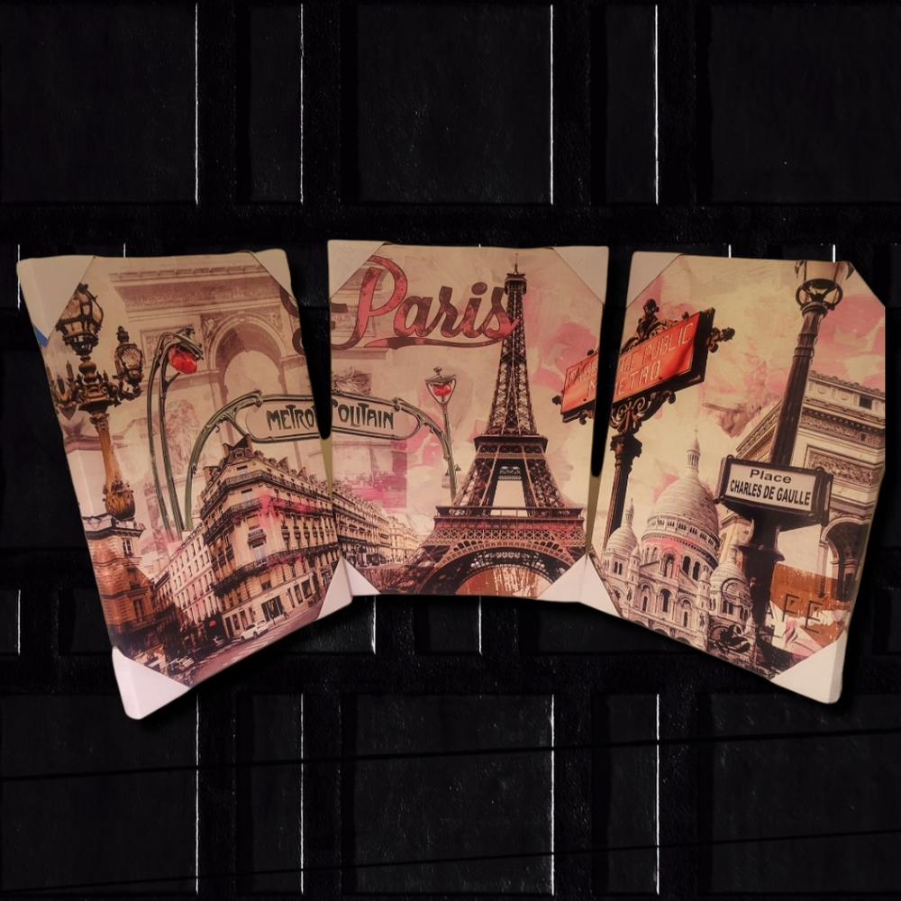 Paris Eiffel Tower Triptych Art Print - Pink and Beige